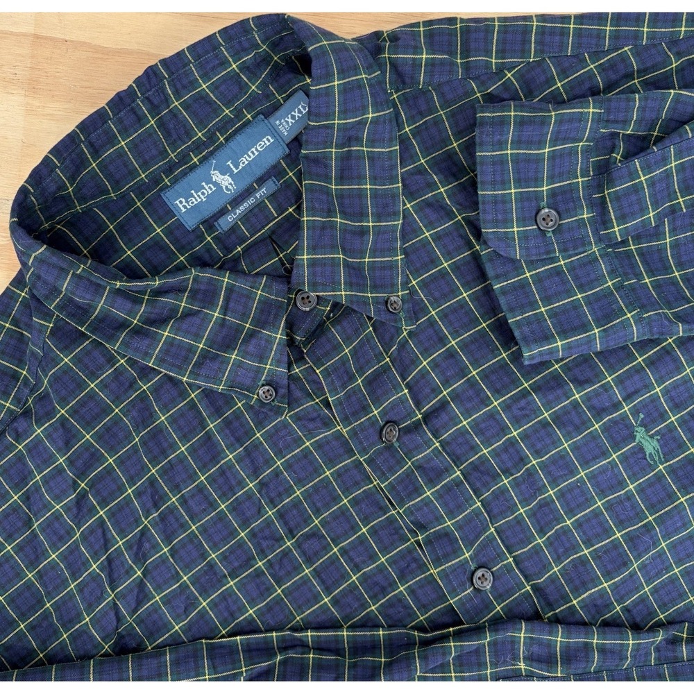 Polo Ralph Lauren Button Down Mens XXL 2XL Green Navy Plaid Long‎ Sleeve